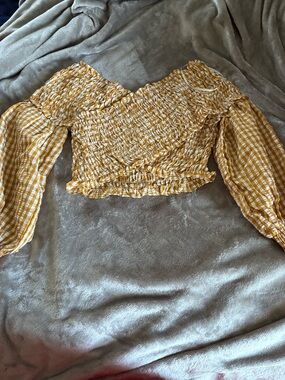 Smocked Off-Shoulder Gingham Crop Top - Mustard Yellow